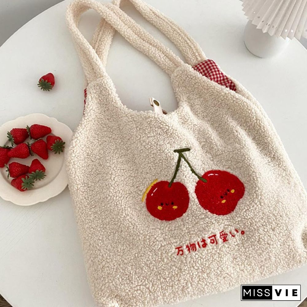 Sweet Cherry Embroidery Plush Tote Bag