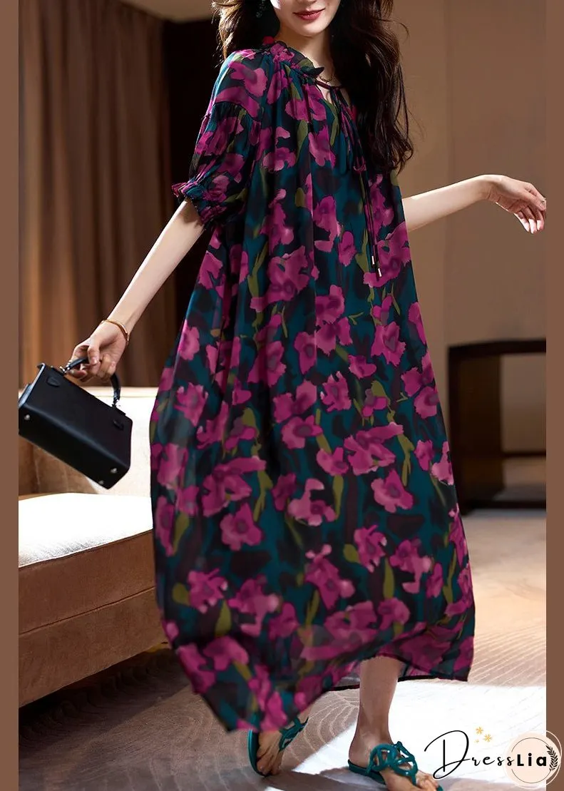 Loose Purple Print Ruffled Lace Up Chiffon Long Dresses Summer