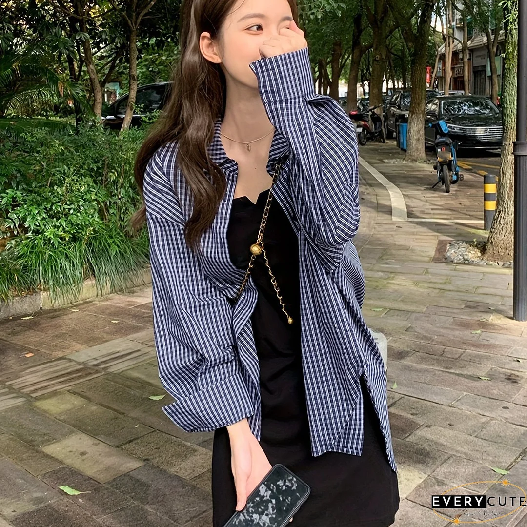 Plaid Print Button Front Shirt, Casual Long Sleeve Loose Shirt For Spring & Fall, Women's Clothing