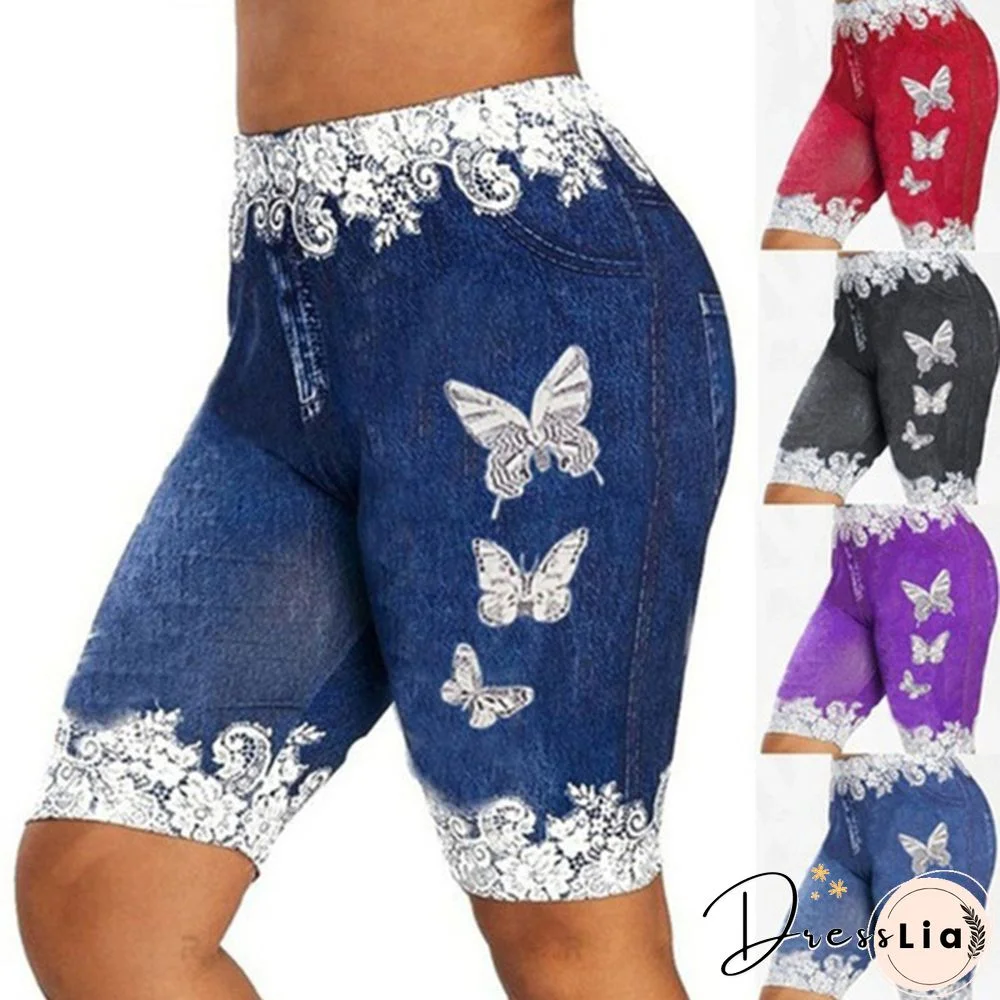New Arrival Women Fashion Plus Size Skinny Butterfly Print Casual Jeggings Faux Denim Jean Shorts Pants