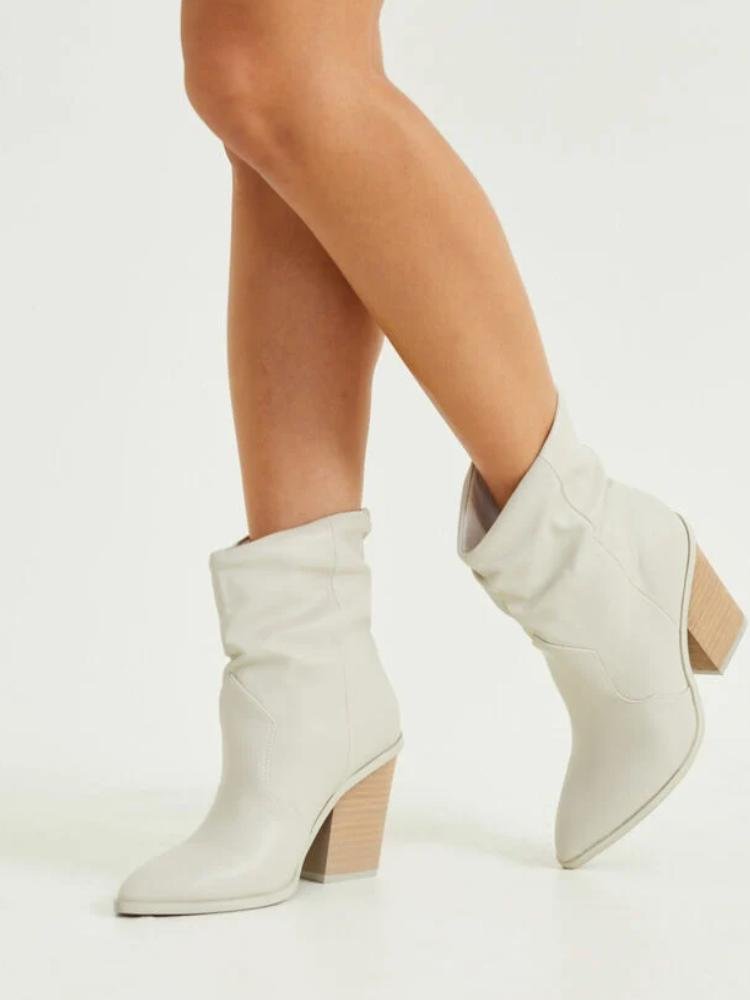 Ruched Pointed Toe Slanted Heel Western Ankle Boots