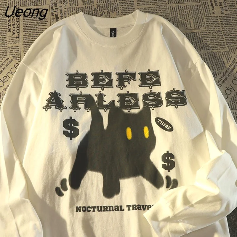 Ueong retro little black cat tide brand sweater men and women loose lazy wind European and American high street thin hip hop