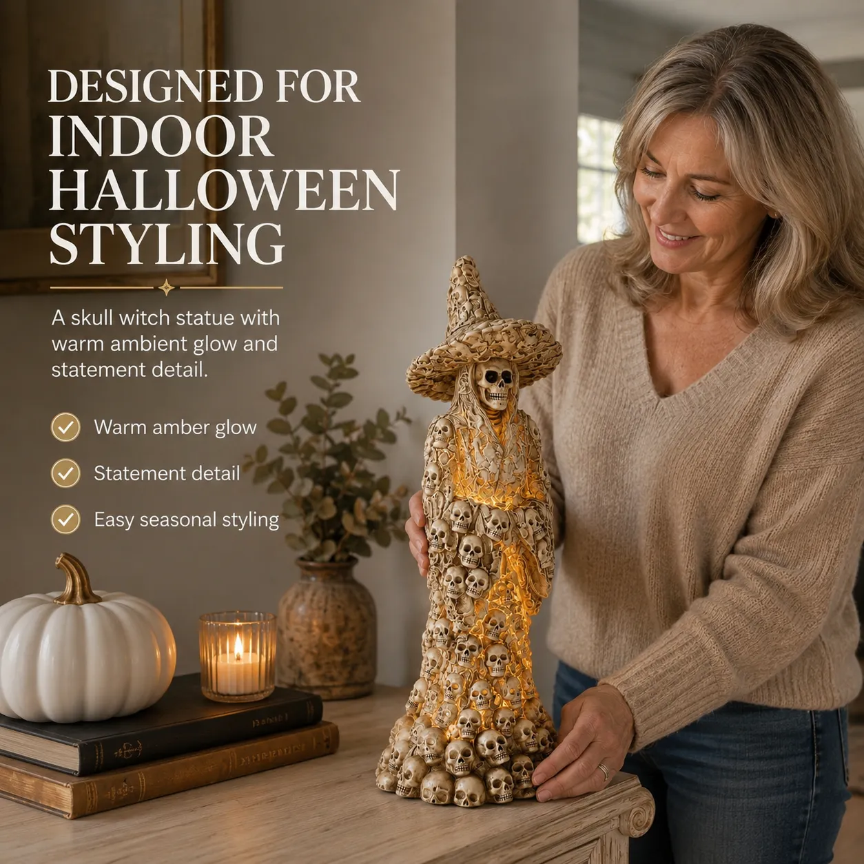 Skull witch Halloween statue styled on indoor mantel and shelf