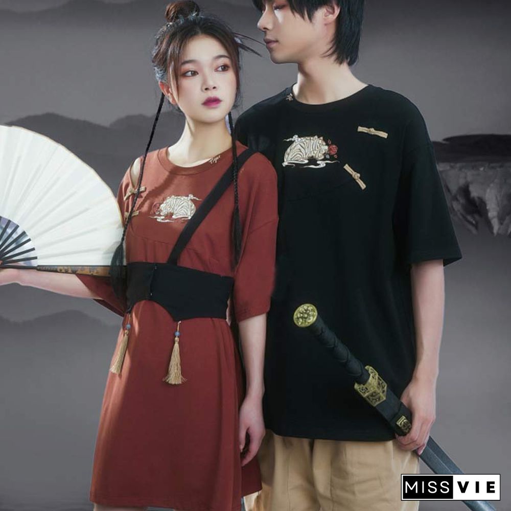 Vintage Embroidery Buckle Tasesel Vest Loose T-Shirt Dress