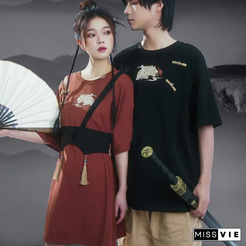 Vintage Embroidery Buckle Tasesel Vest Loose T-Shirt Dress