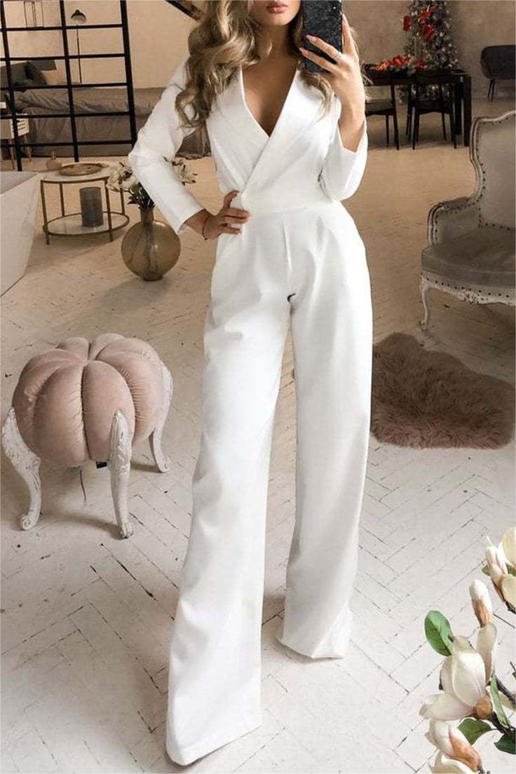 Lvs&Broner Glamorous White V Neck Long Sleeves Wid-Leg Long Jumpsuit with Belt