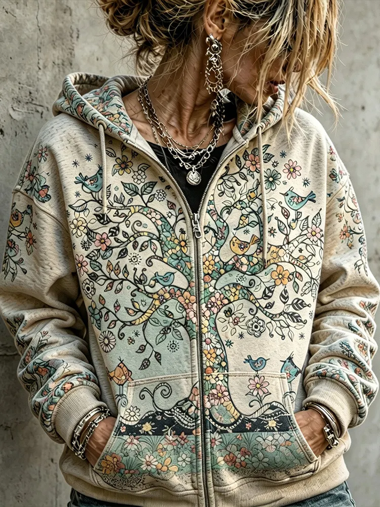 Retro Washed Hippie Bohemian Viking Style Floral Bird Tree Of Life Full Zip-up Casual Loose Hoodie