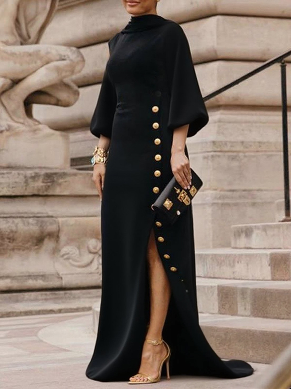 Split-side Buttoned Puff Sleeves Loose Mock Neck Maxi Dresses BLACK-S