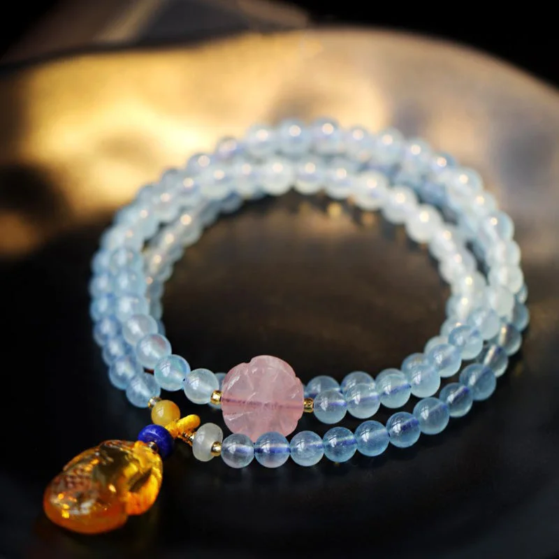 Natural Aquamarine Amber Flower Cheongsam Charm Healing Bracelet