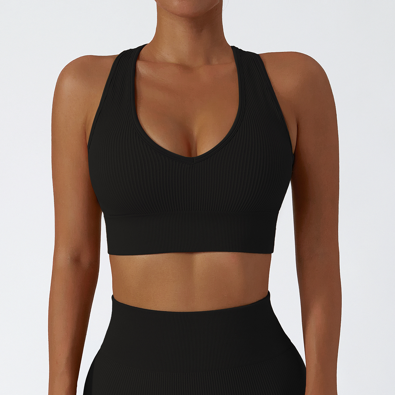 Buy racer back big u neck seamless ribbed nylon sports bra with removable cups of high quality on Hergymclothing