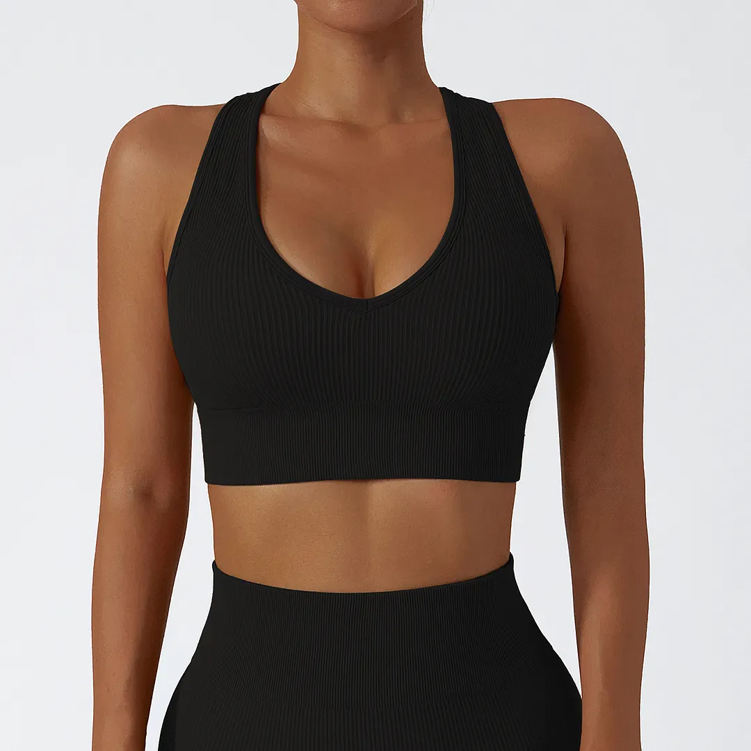 Buy racer back big u neck seamless ribbed nylon sports bra with removable cups of high quality on Hergymclothing