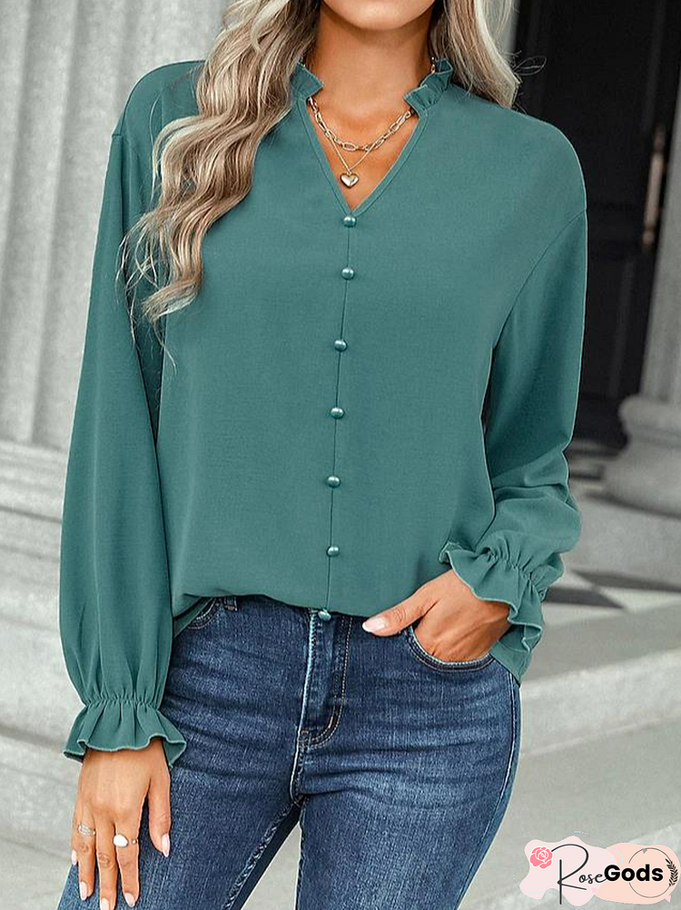 Women's Blouse Plain Daily Work Weekend Blouse Shirt Long Sleeve Ruffle V Neck Casual Streetwear