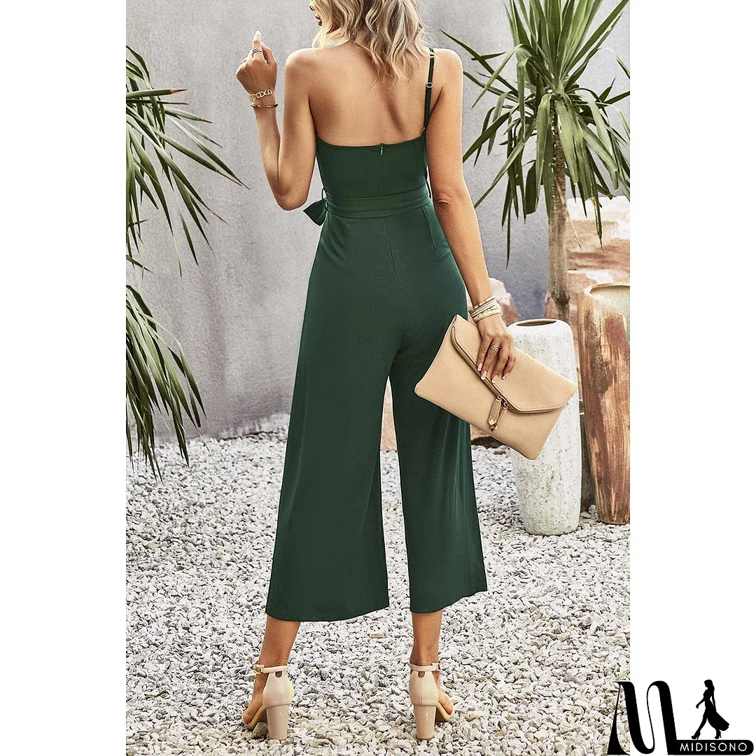 MidiSono - One Shoulder Belt Knot High Waist Jumpsuit