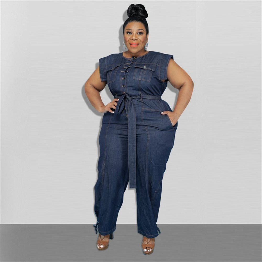 Jumpsuit Plus Size Women Clothing Denim Round Neck Lace Up Sleeveless Trousers Pocket Stretch Bodysuit Wholesale Dropshipping