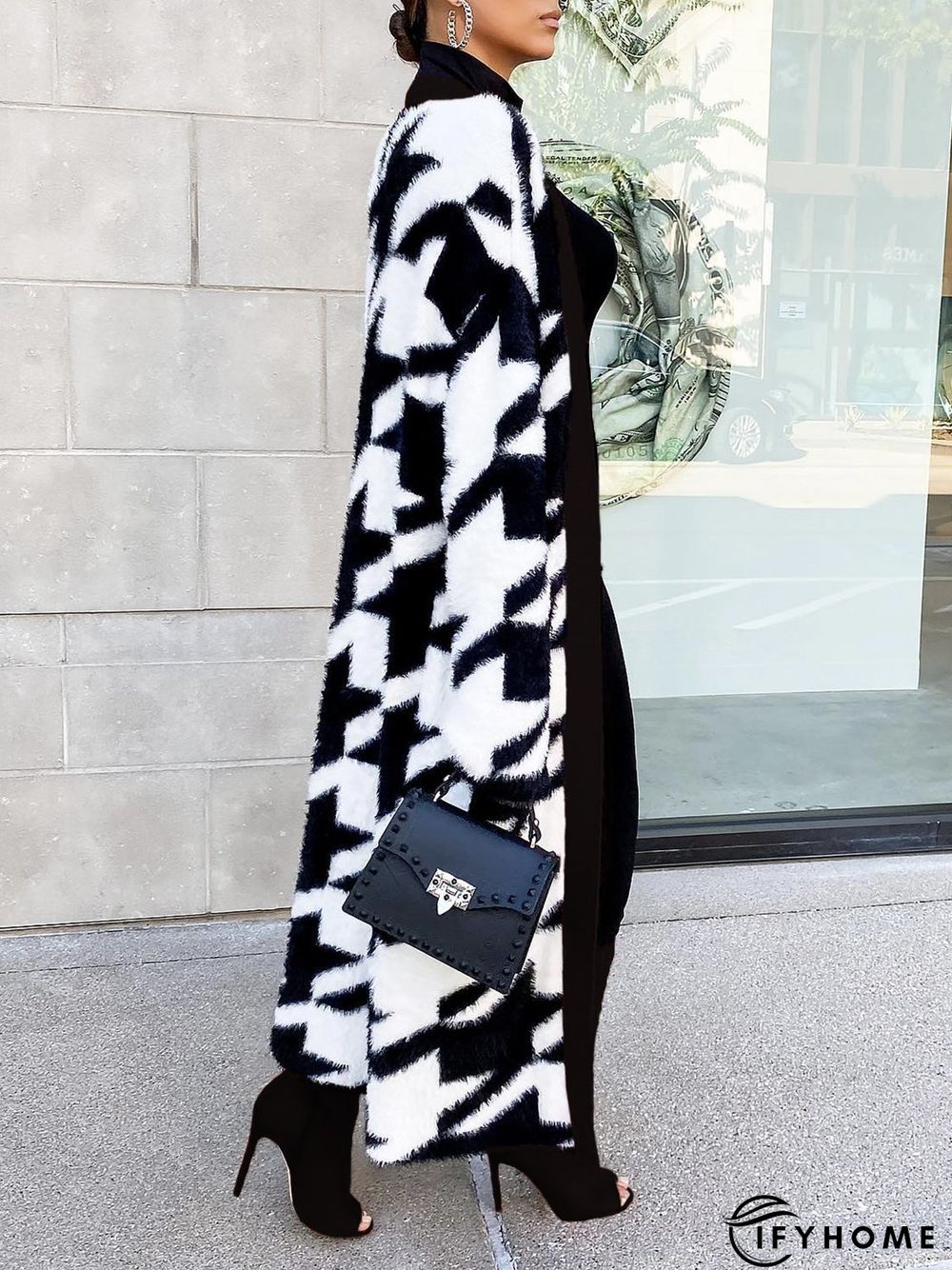 Loose Urban Houndstooth Long Sleeve Sweater Coat | IFYHOME