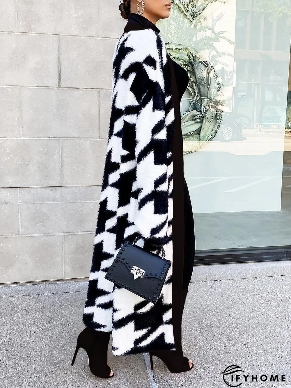Loose Urban Houndstooth Long Sleeve Sweater Coat | IFYHOME