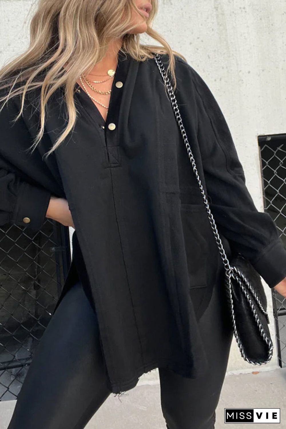 Casual Solid Pocket Slit Hooded Collar Tops