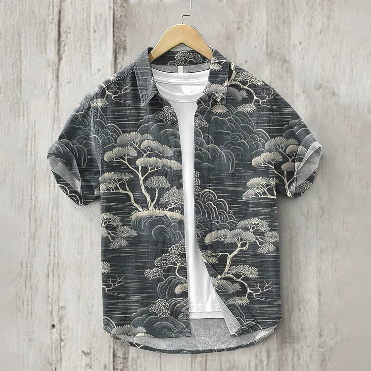 Pine Trees Japanese Lino Art Pattern Linen Blend Shirt
