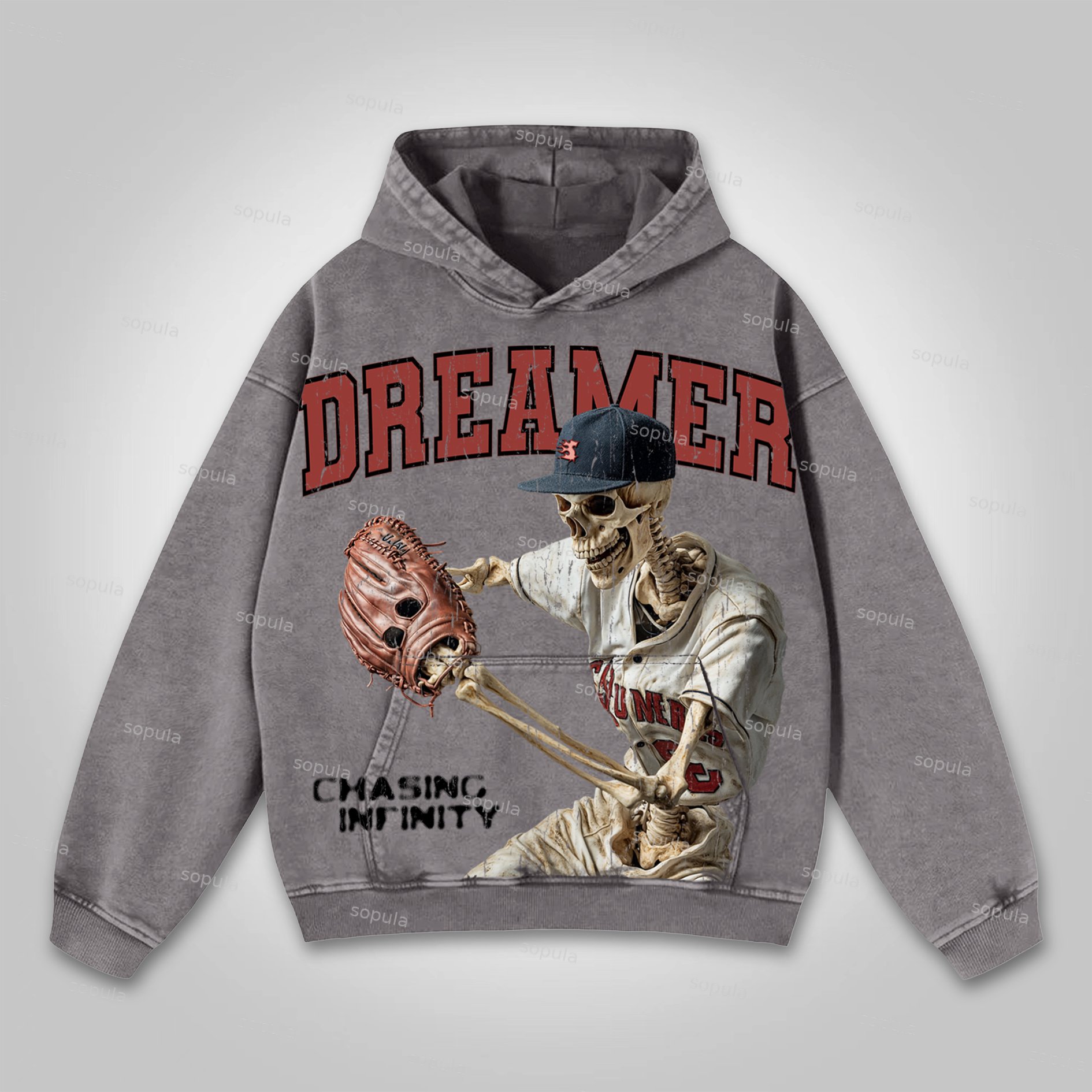 Sopula Dreamer Vintage Skeleton Baseball Player Graphic Pocket Washed Hoodie - SOPULA