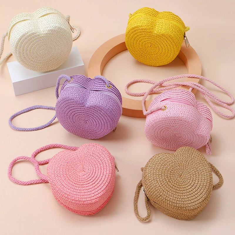Kid’S Straw Heart Shape Cute Heart-shaped Zipper Shoulder Bag