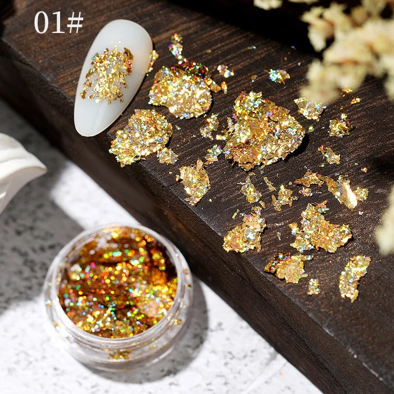 6 Grids Sparkly Foil Nails Sequins Irregular Aluminum Gold Red Summer Design Set  Mirror Chrome Glitter Flakes Gel DIY Manicure-Nail Inspo