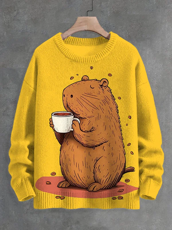 Men's Capybara Drinking Coffee Fun Print Knit Sweatshirt