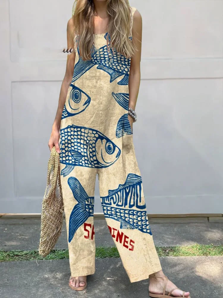 Women's Vintage Fish Sardines Art Print Casual 100% Cotton Wide Leg Jumpsuit