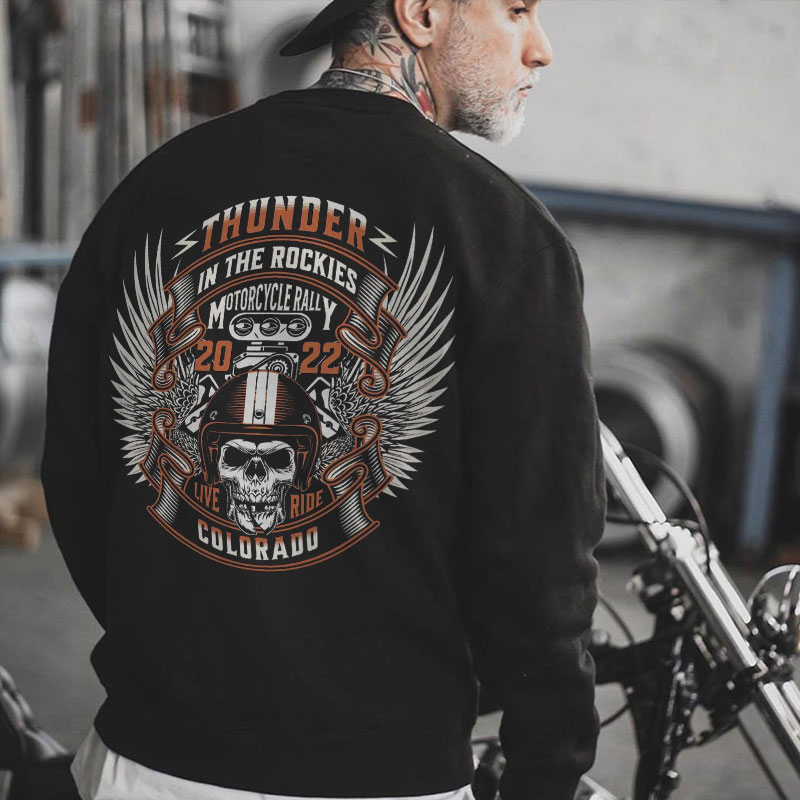 THUNDER IN THE ROCKIES Skull with Helmet Black Print Sweatshirt