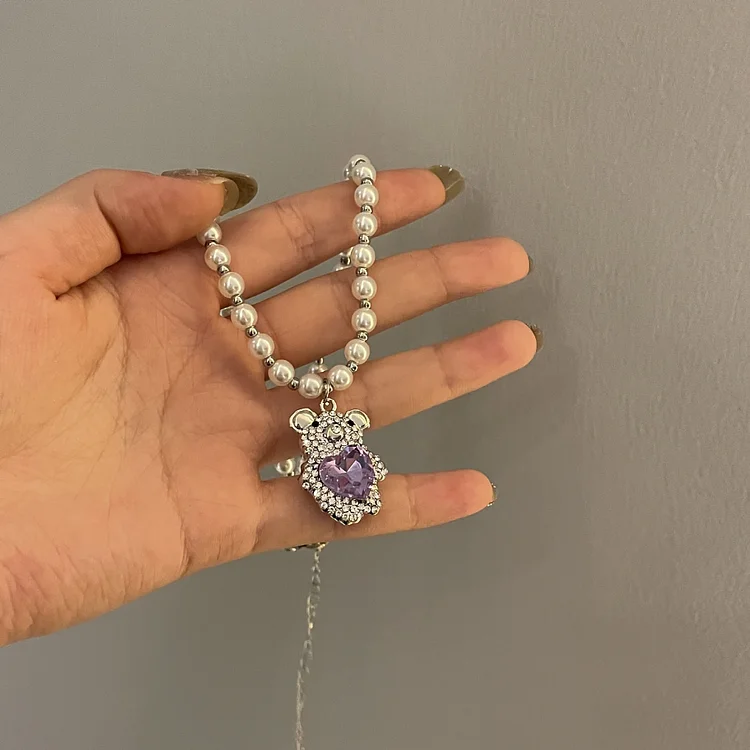 Purple Heart Pearl Bear Necklace KERENTILA