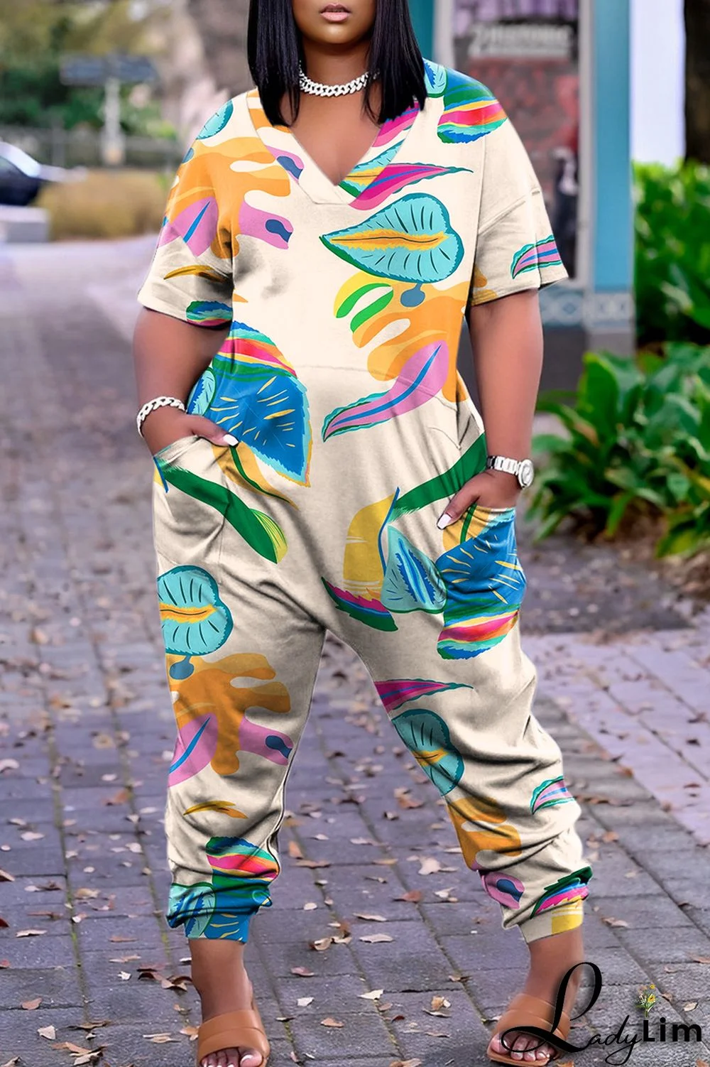 Pink Casual Print Patchwork V Neck Regular Jumpsuits