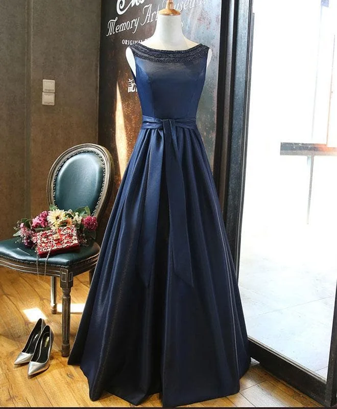 Dark Blue Satin Beading Long Prom Dress, Dark Blue Evening Dress