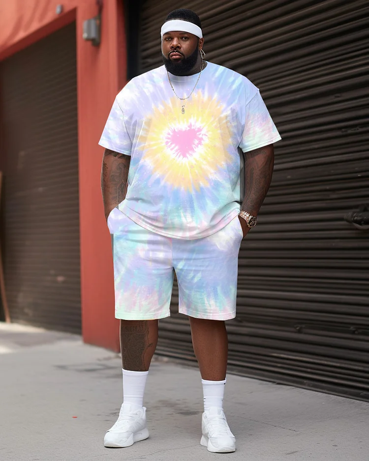 Men's Large Size Street Cartoon Color Block Tie-Dye Graffiti Short-Sleeved Shorts Suit