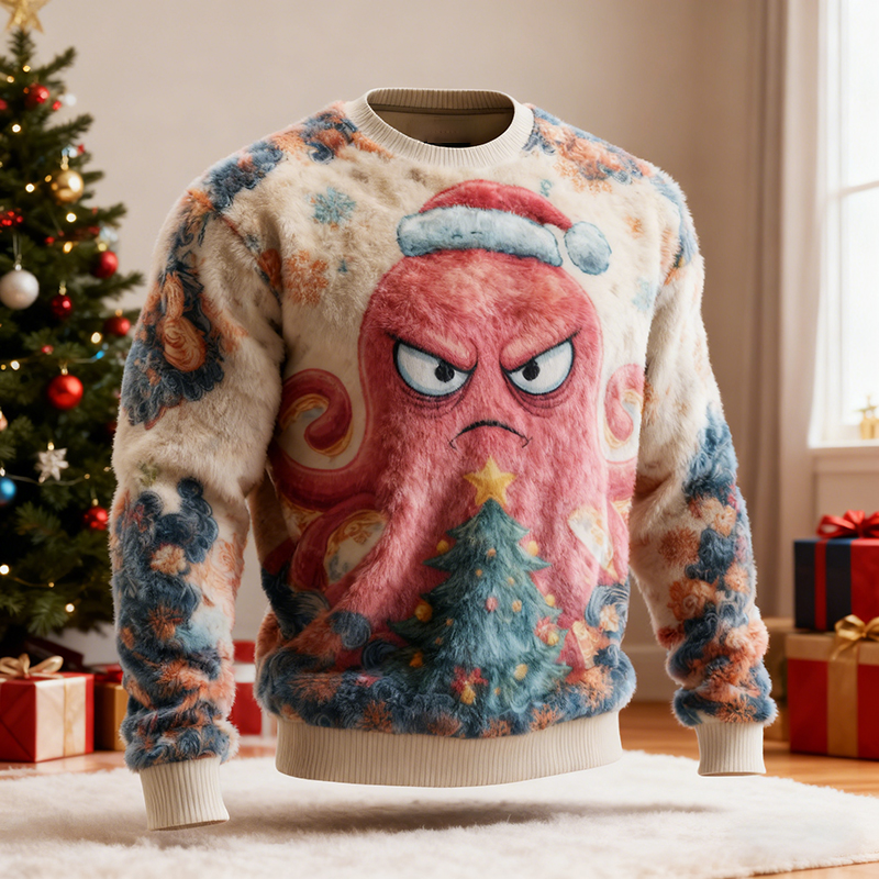 Men's Funny Japanese Octopus Art Christmas Ugly Plush Sweatshirt elevenforest