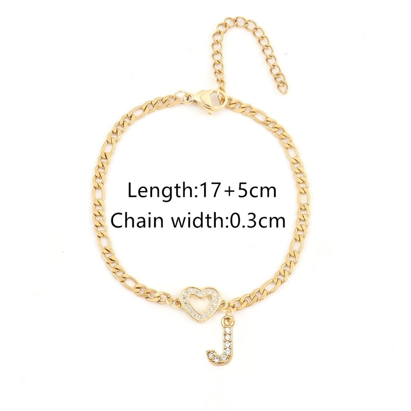 201 Stainless Steel Copper Inlay Letter Heart Shape Zircon Copper Bracelets