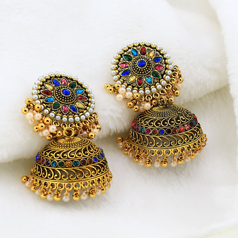 Vintage silver tassel pendant earrings female colorful sun flower pearl bell earrings