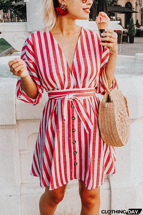 Pockets Stripe Button Mini Dress