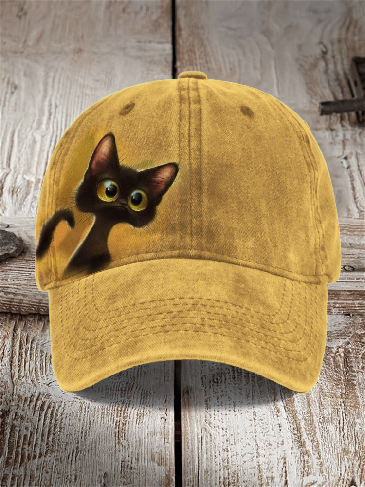 Comstylish Funny Peeking Black Cat Washed Cap