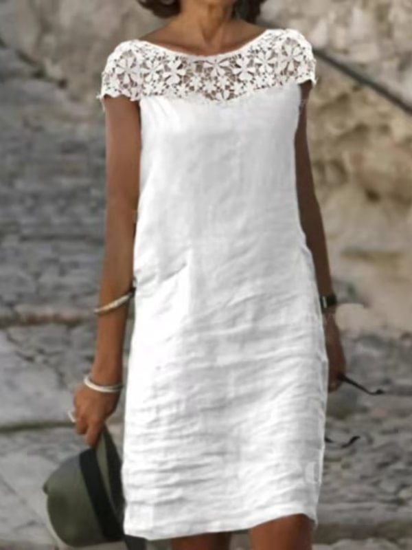 Lace stitching holiday cotton and linen dress