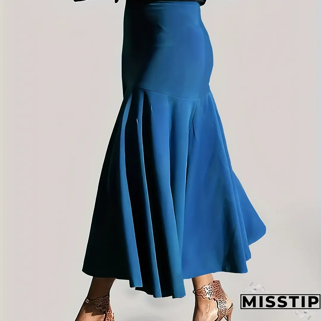 Plus Size Party Skirt, Women's Plus Solid High Rise Non-stretch Maxi Mermaid Skirt