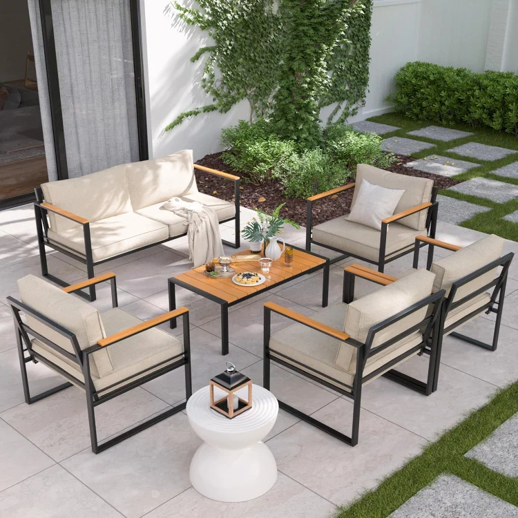 Metal Outdoor Patio Furniture Set, Modern Outdoor Conversation Furniture Sets w/Coffee Table, 6 Piece Outside Furniture with Thick, Washable and High-Resiliency Sponge Cushions