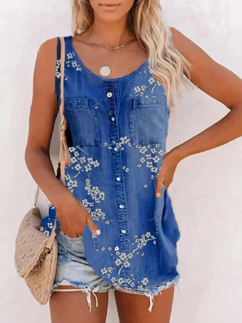 Nigikala Nigikala Women's 2025 Summer New Fashion Imitation Denim Vest Casual Print Sleeveless Top