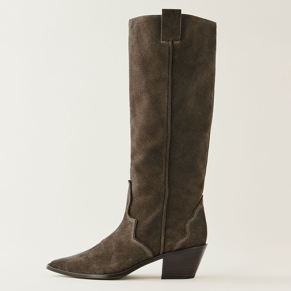 Olive Vegan Suede Snip Toe Chunky Heel Pull-On Knee Cowgirl Boots