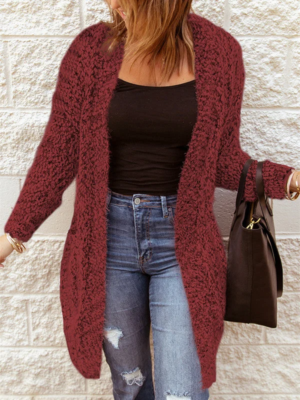 Solid Color Fuzzy Knit Cardigan with Pockets