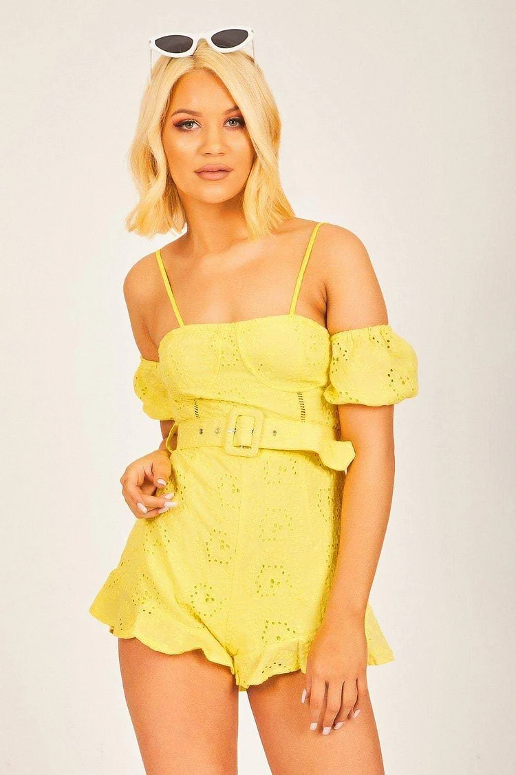 Yellow Eyelet Bardot Playsuit Katch Me