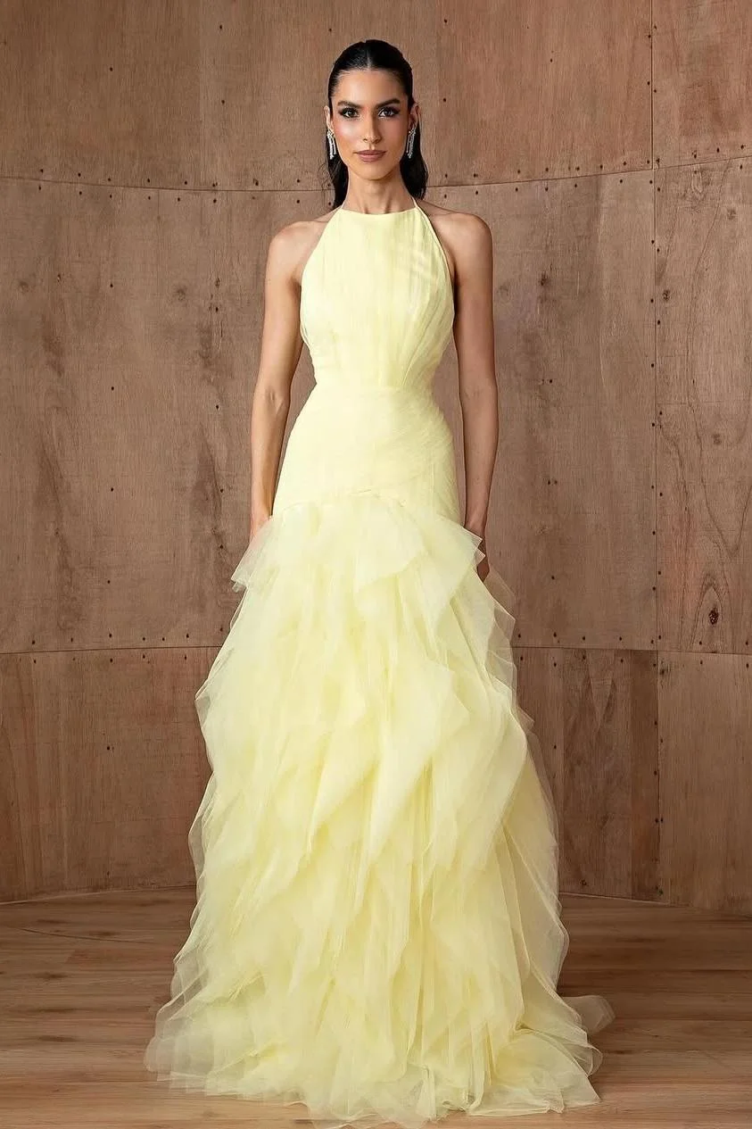 Miabel Chic Daffodil Tulle Sleeveless Halter Strapless Long Prom Dress with Ruffles 
