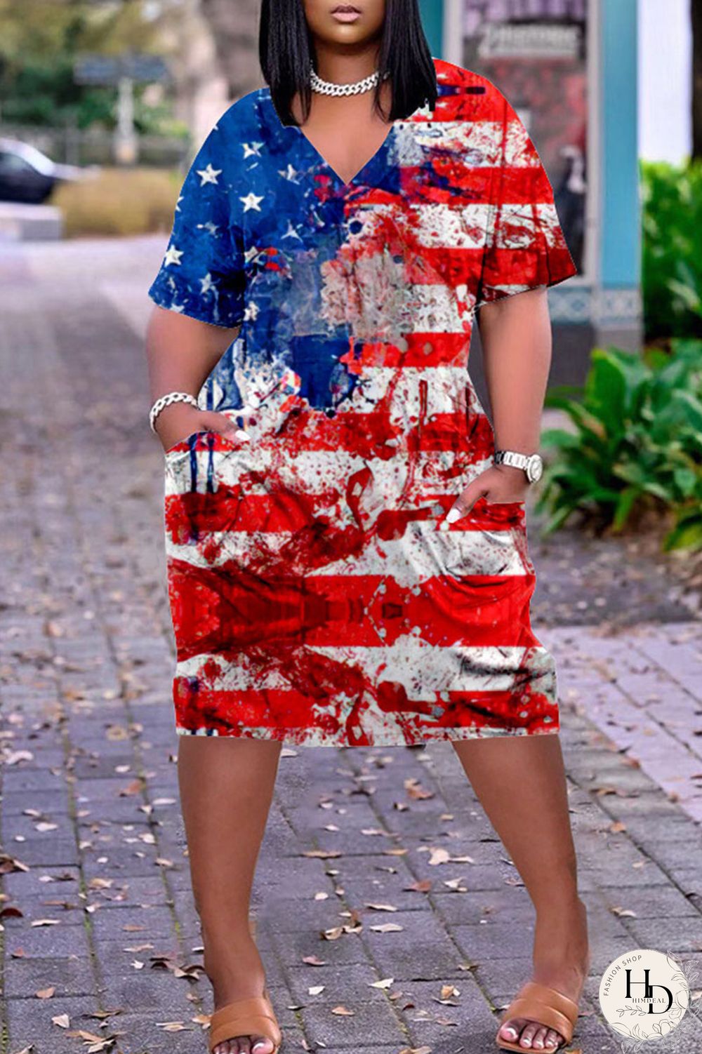 White Blue Red Casual Print Patchwork V Neck Dresses