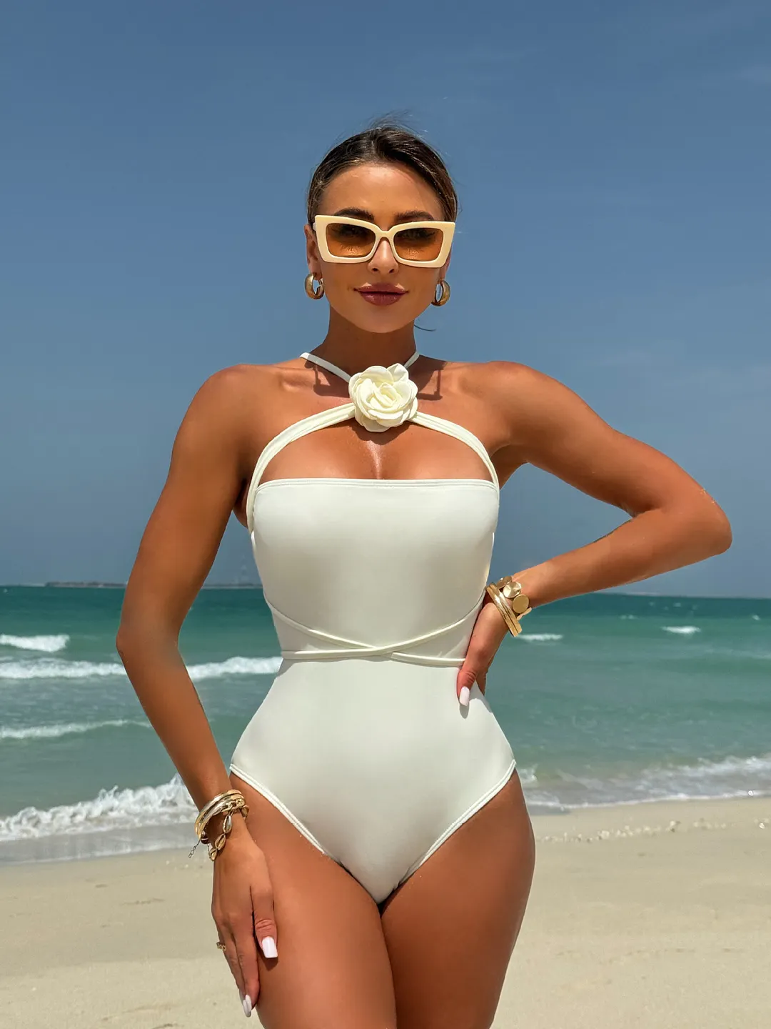 Brownm 2024 New One-Clothing Multi-Clothed Drawstring With Small Flower Swimsuit Bikini Bikini