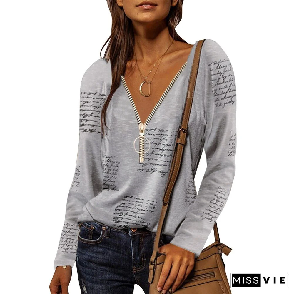 Spring Autumn V-neck Zipper T-shirt Letter Printing Long Sleeve Tops Women Casual Loose Tee Office Lady Elegant Tops D30