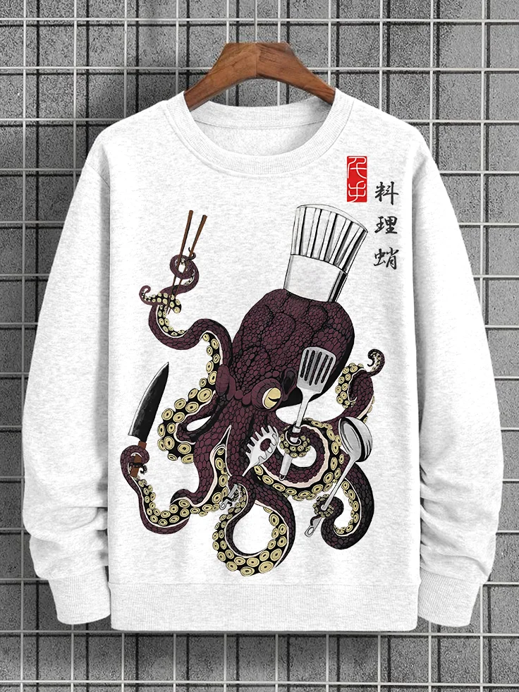 Men's Octopus Chef Japanese Art Print Cotton Casual Sweatshirt
