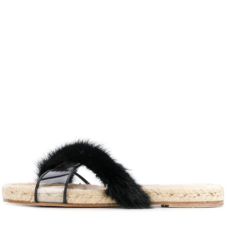 Black Horse Fur Clear PVC Slide Sandals Vdcoo